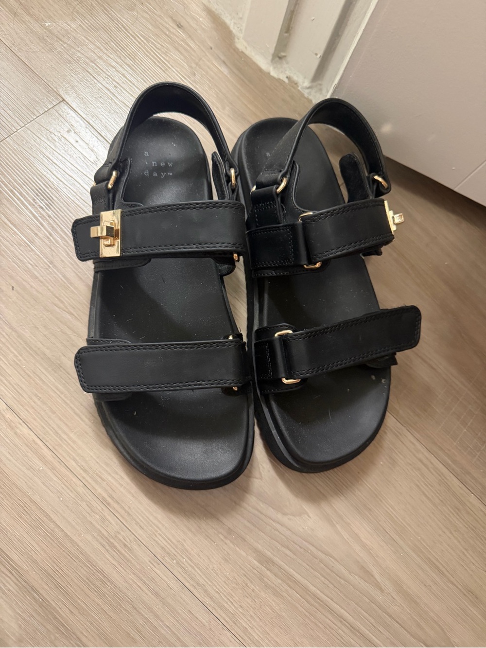 Black Women's Double-Strap Comfort Sandals with Gold Hardware